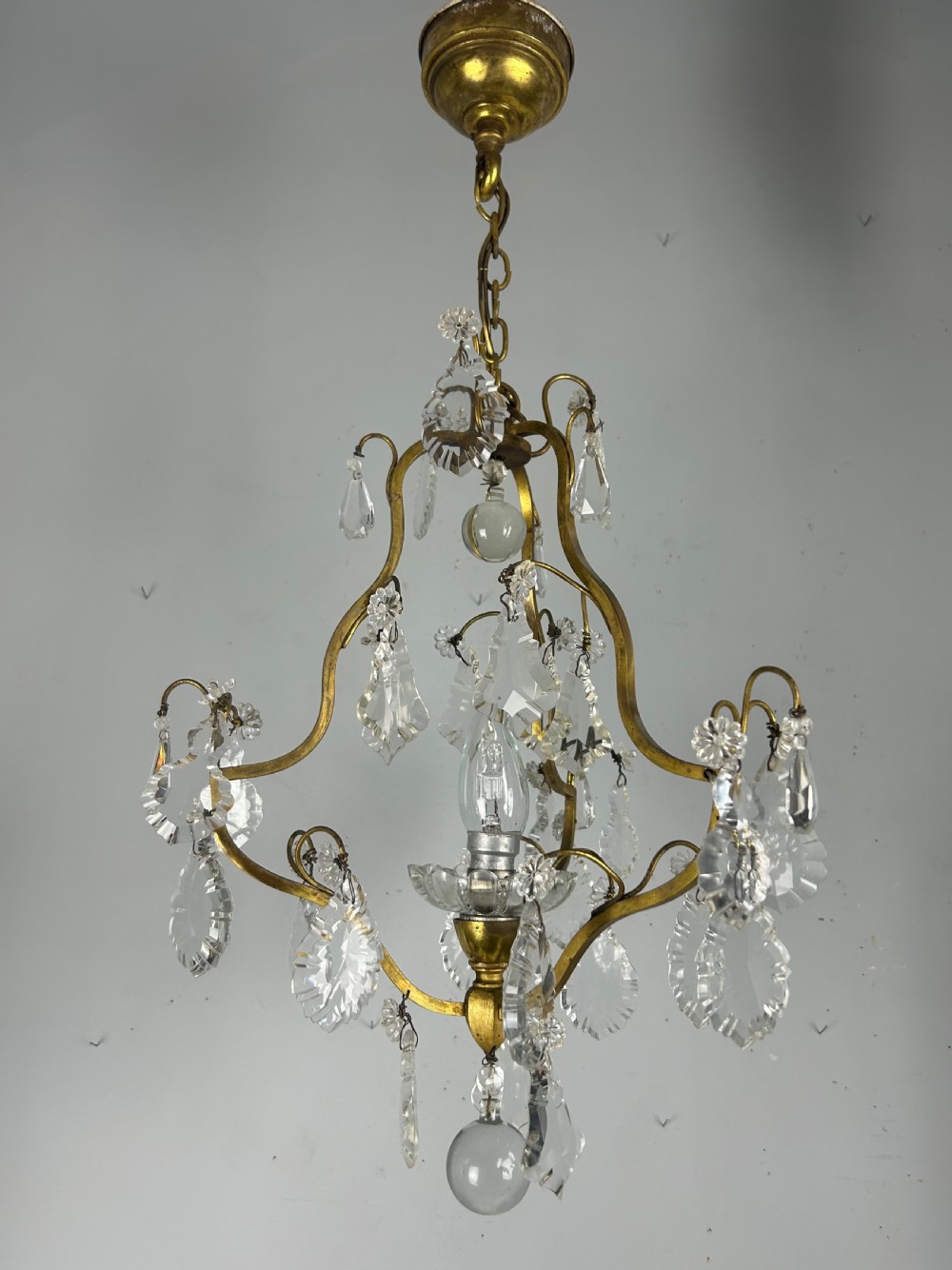 French Single Light Gilt Brass Crystal Antique Chandelier, Ceiling Light View V