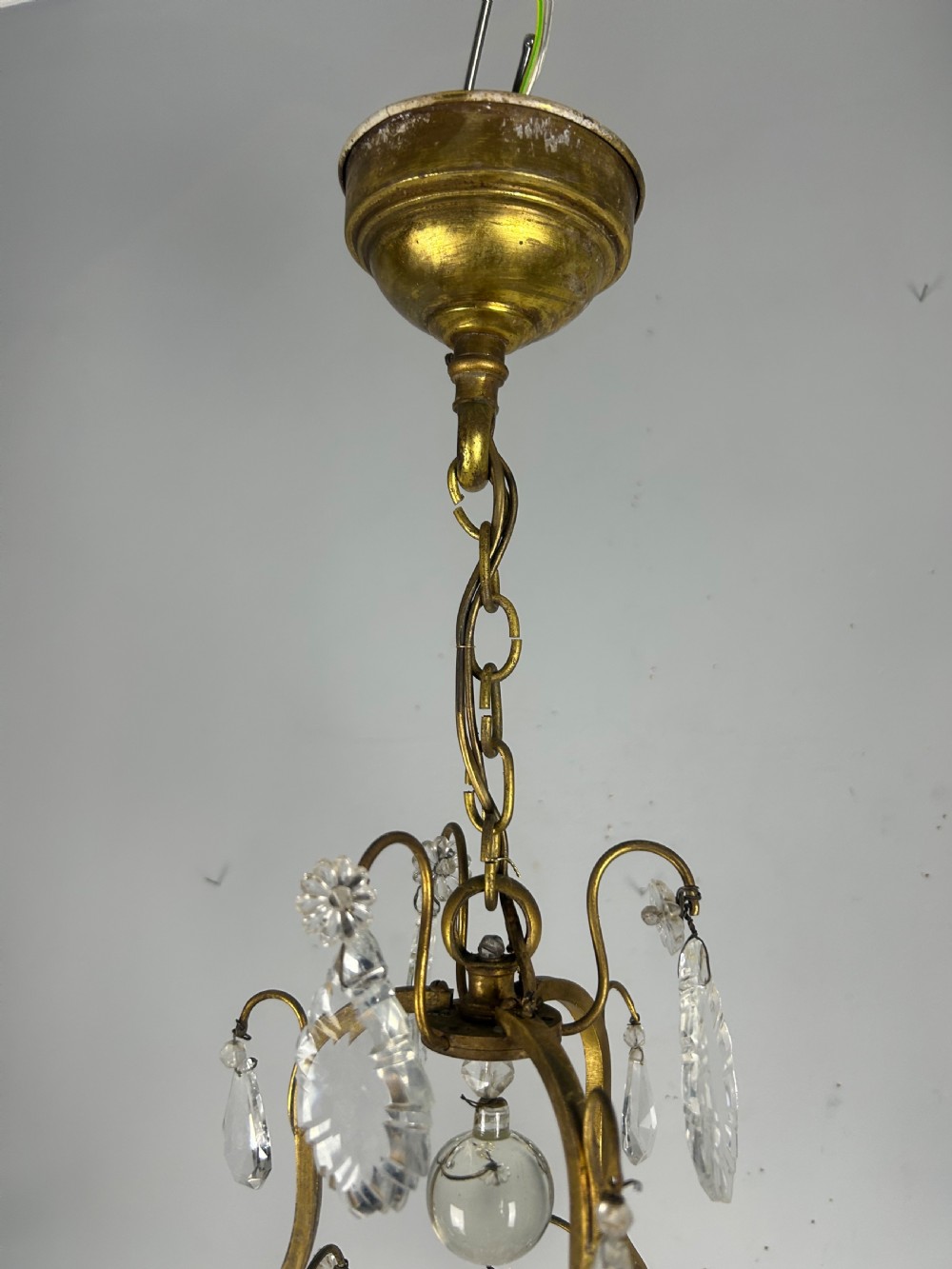 French Single Light Gilt Brass Crystal Antique Chandelier, Ceiling Light View VI