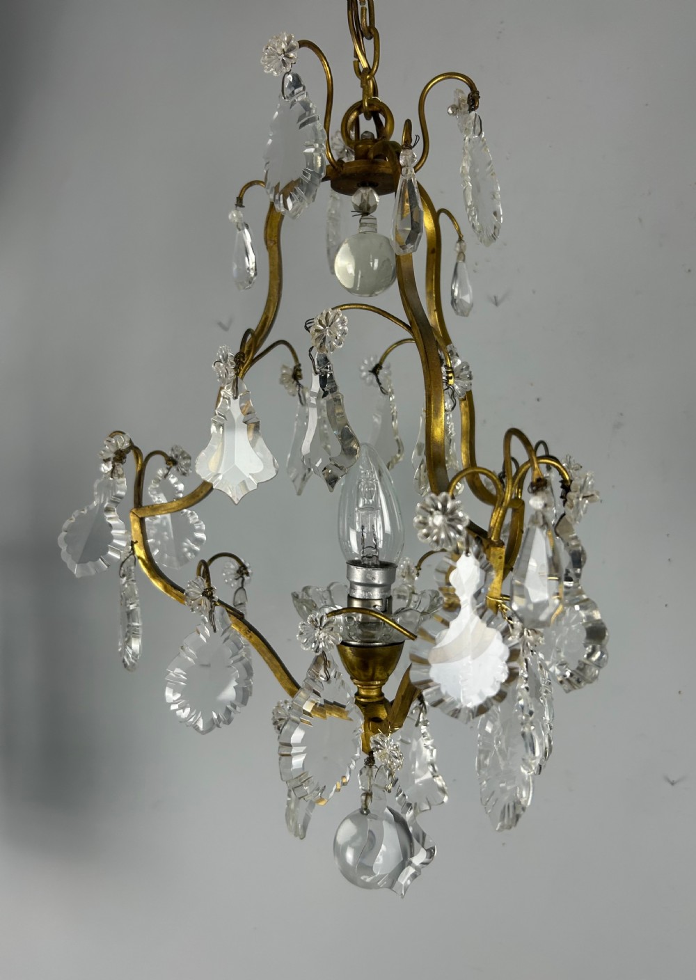 French Single Light Gilt Brass Crystal Antique Chandelier, Ceiling Light View VII