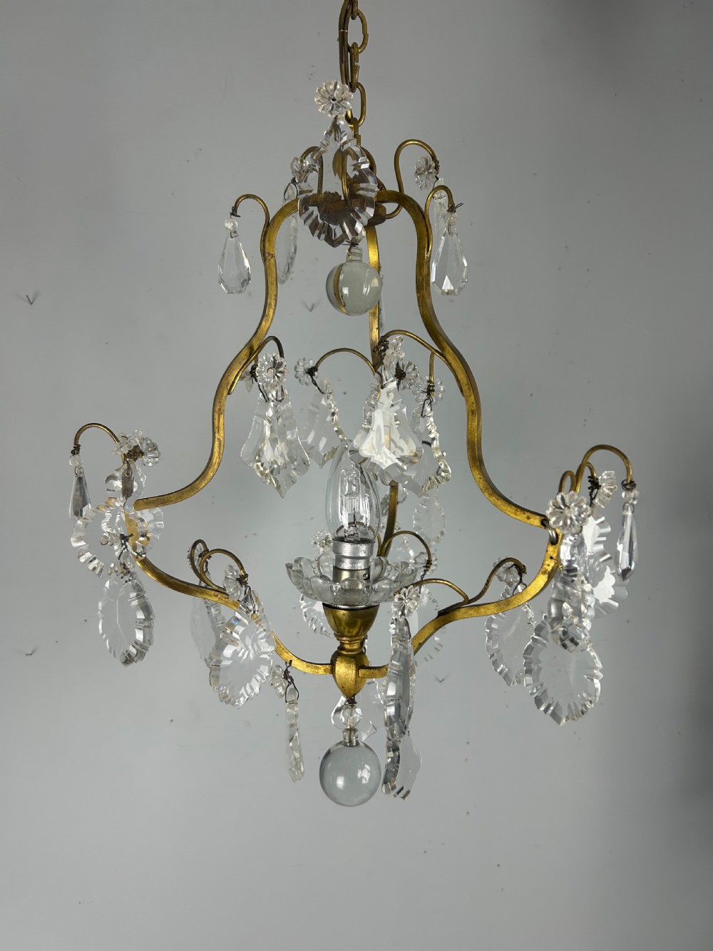 French Single Light Gilt Brass Crystal Antique Chandelier, Ceiling Light View VIII