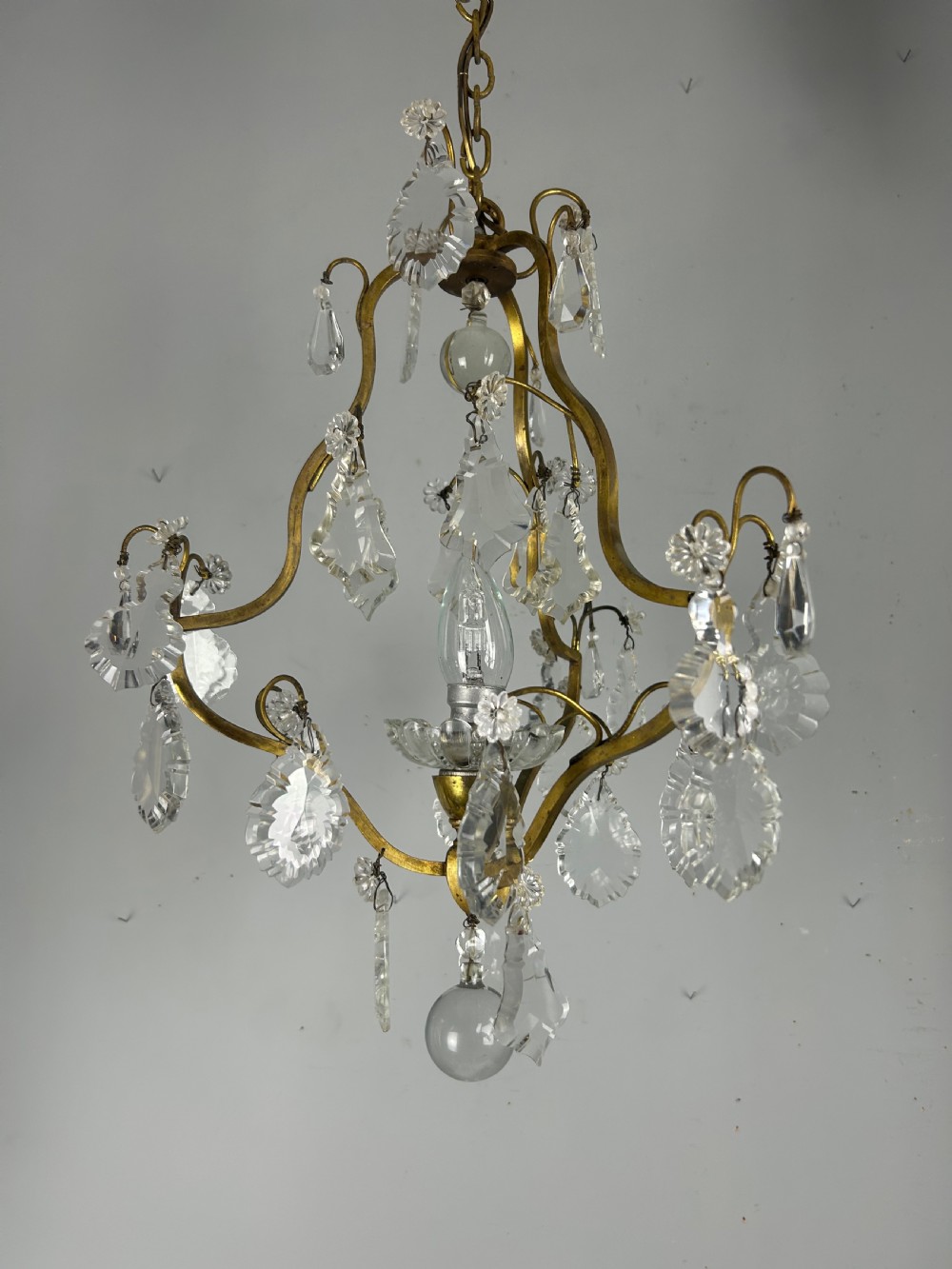 French Single Light Gilt Brass Crystal Antique Chandelier, Ceiling Light View IX