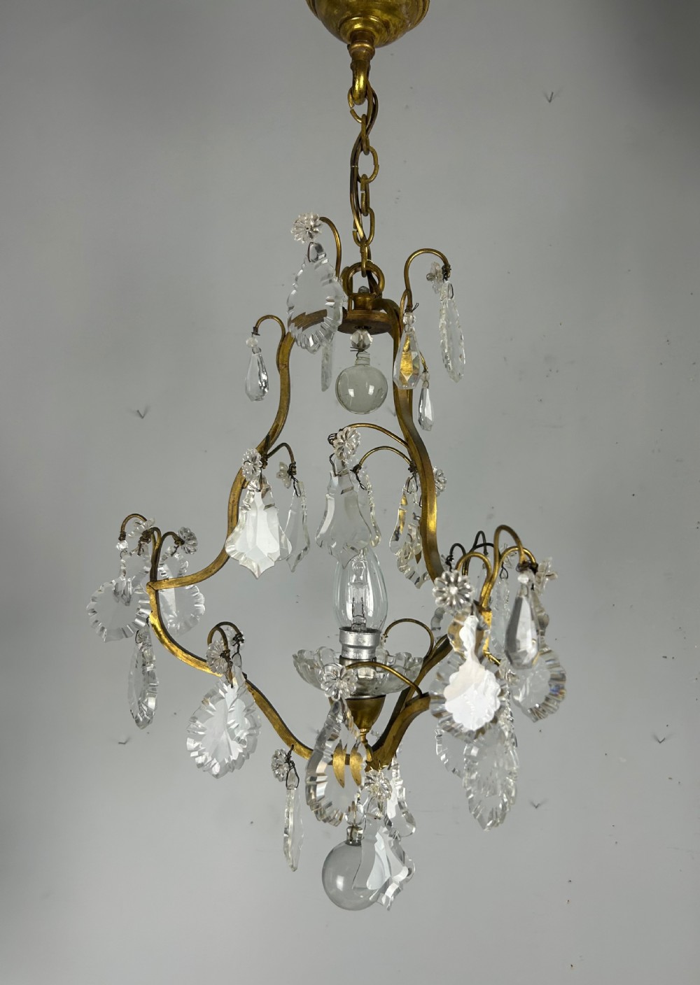 French Single Light Gilt Brass Crystal Antique Chandelier, Ceiling Light View X