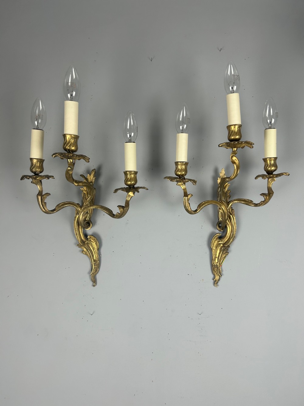 Pair Of French Triple Arm Gilt Brass Antique Wall Lights