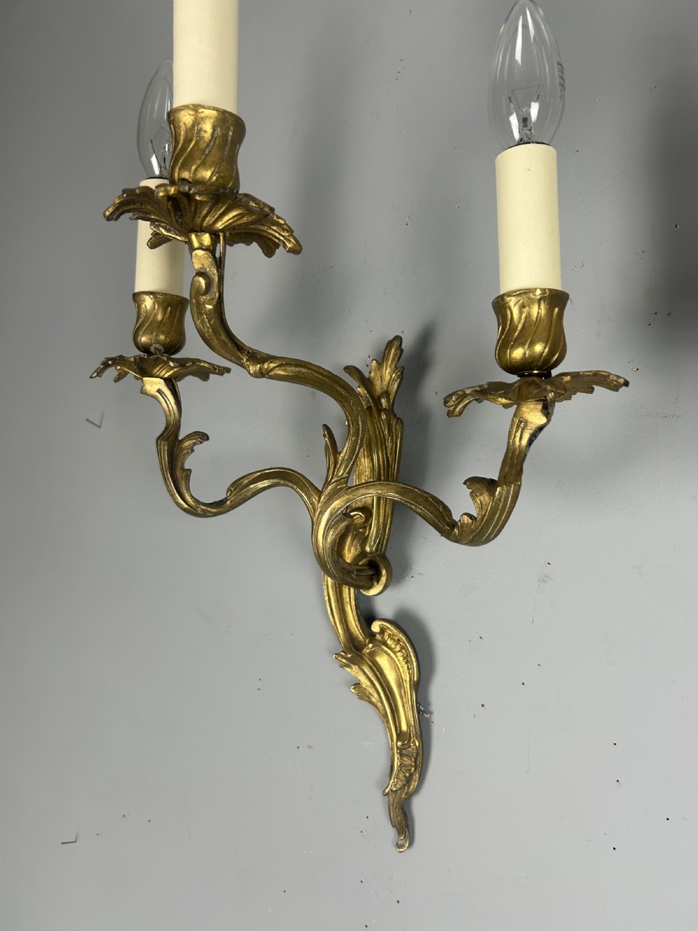 Pair Of French Triple Arm Gilt Brass Antique Wall Lights View II