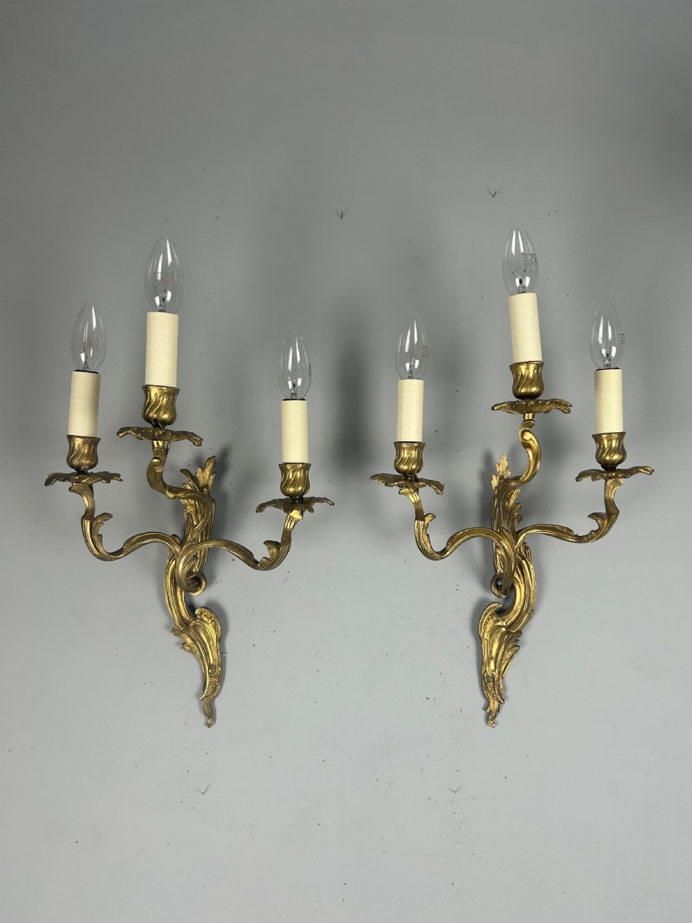 Pair Of French Triple Arm Gilt Brass Antique Wall Lights View IV