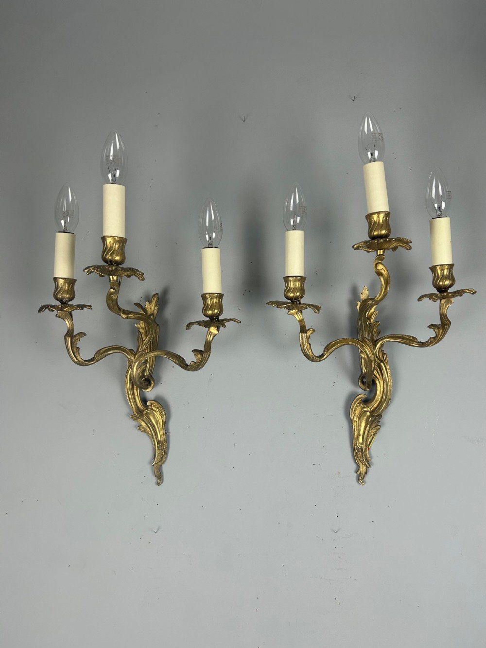 Pair Of French Triple Arm Gilt Brass Antique Wall Lights View VIII