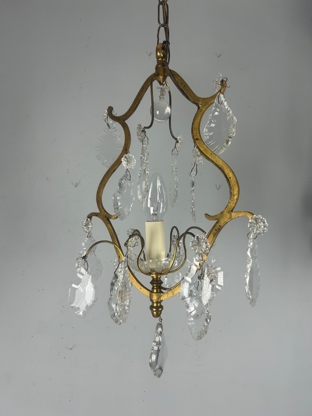 French Single Light Gilt Brass Crystal Antique Chandelier, Ceiling Light