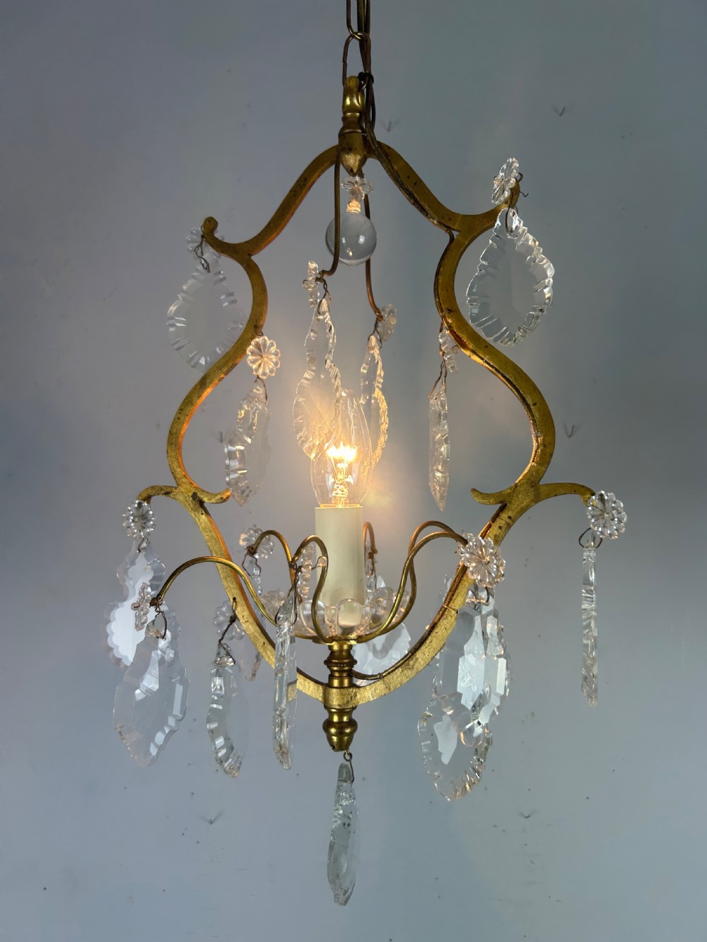 French Single Light Gilt Brass Crystal Antique Chandelier, Ceiling Light View II