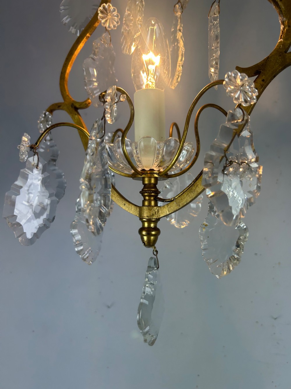 French Single Light Gilt Brass Crystal Antique Chandelier, Ceiling Light View III