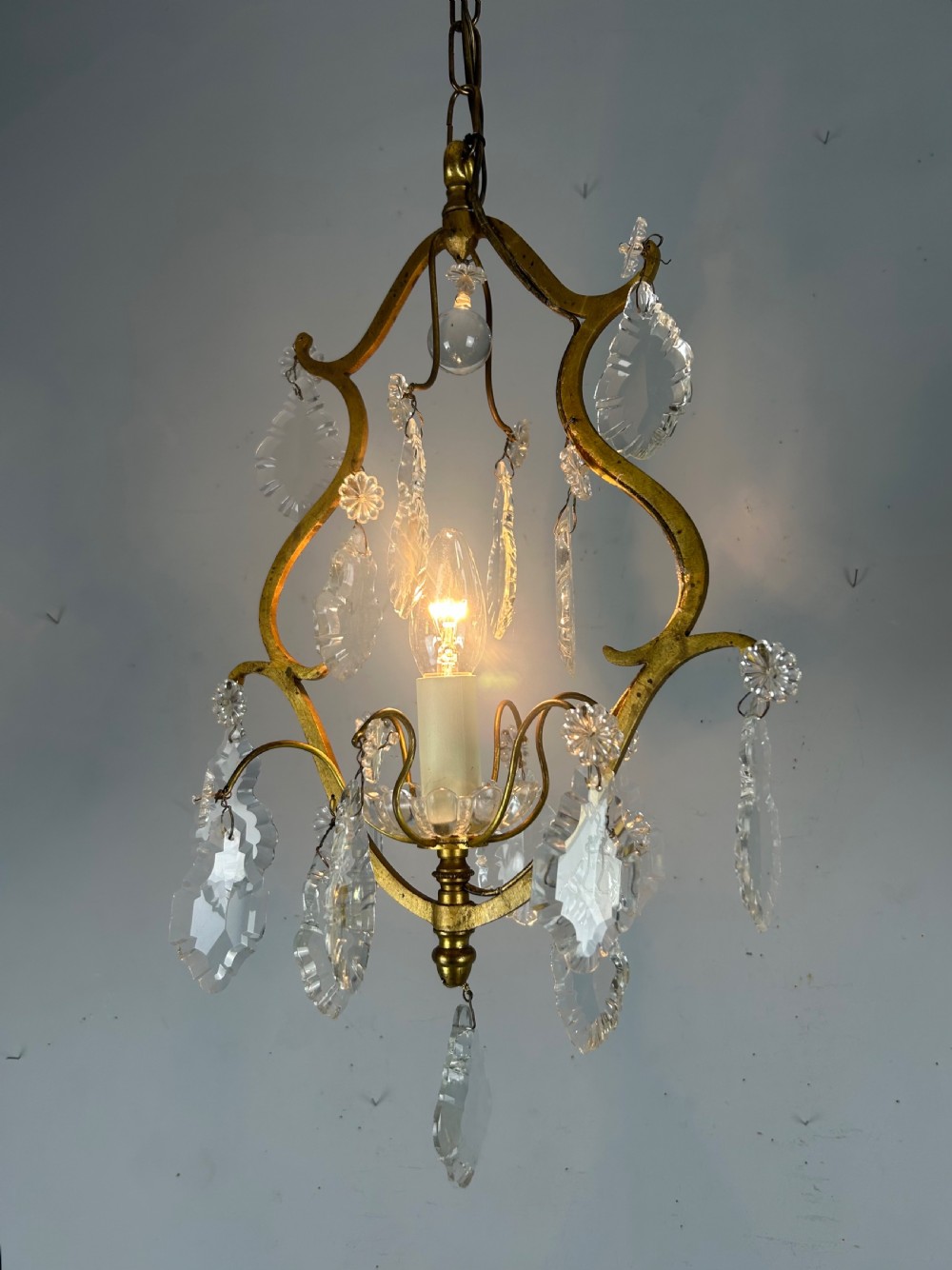 French Single Light Gilt Brass Crystal Antique Chandelier, Ceiling Light View IV