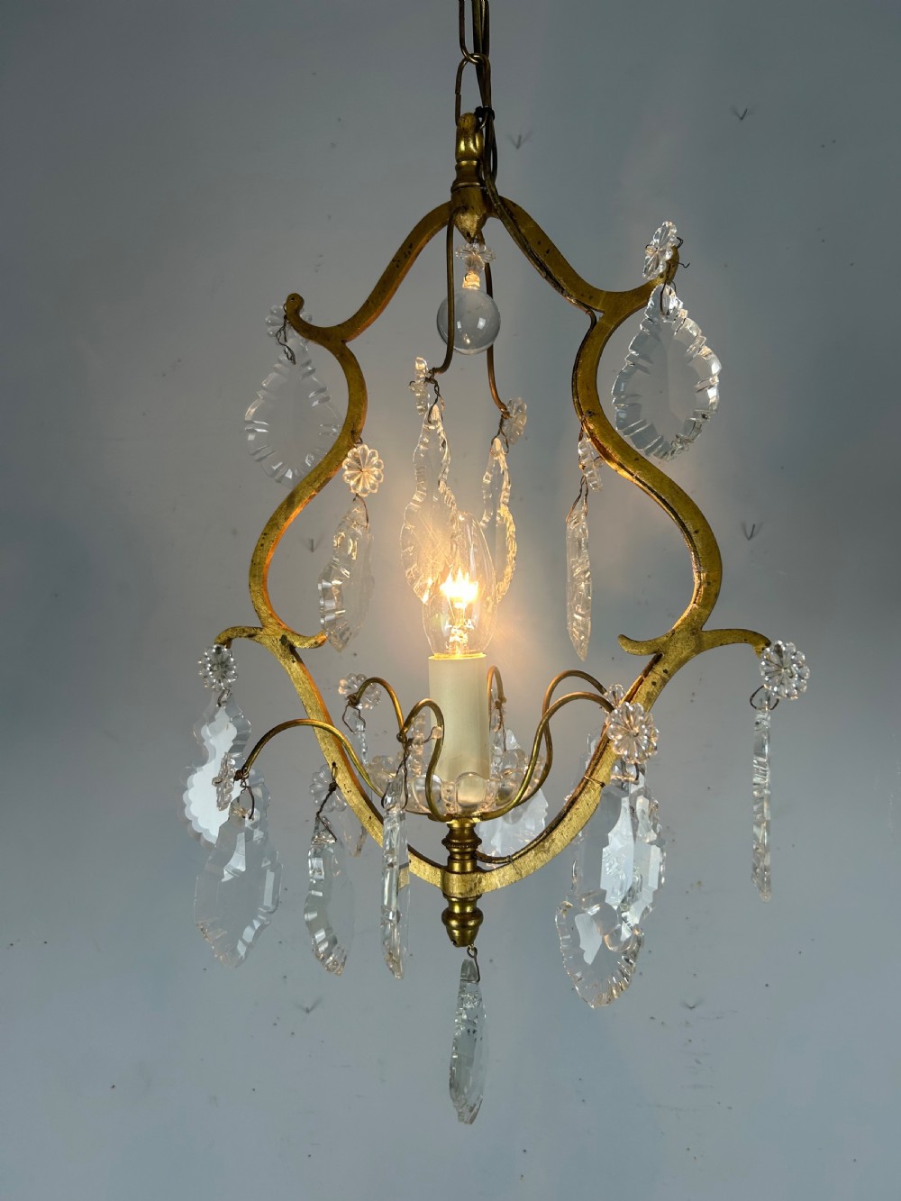 French Single Light Gilt Brass Crystal Antique Chandelier, Ceiling Light View V