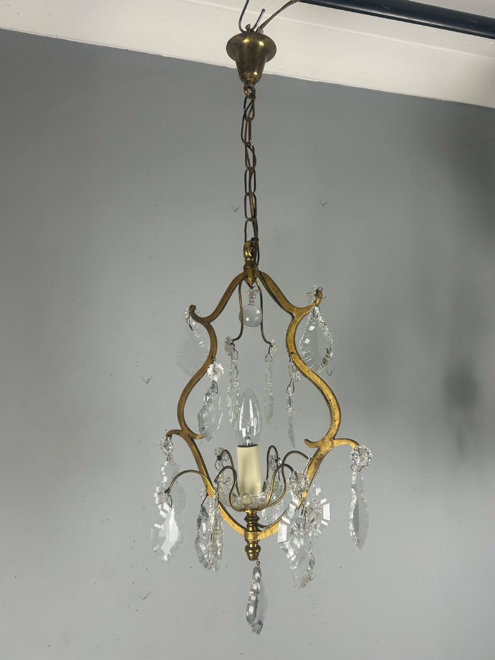 French Single Light Gilt Brass Crystal Antique Chandelier, Ceiling Light View VI