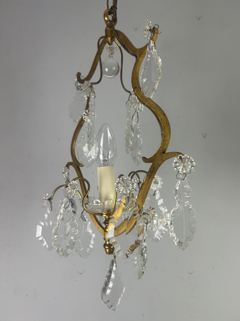 French Single Light Gilt Brass Crystal Antique Chandelier, Ceiling Light View VIII