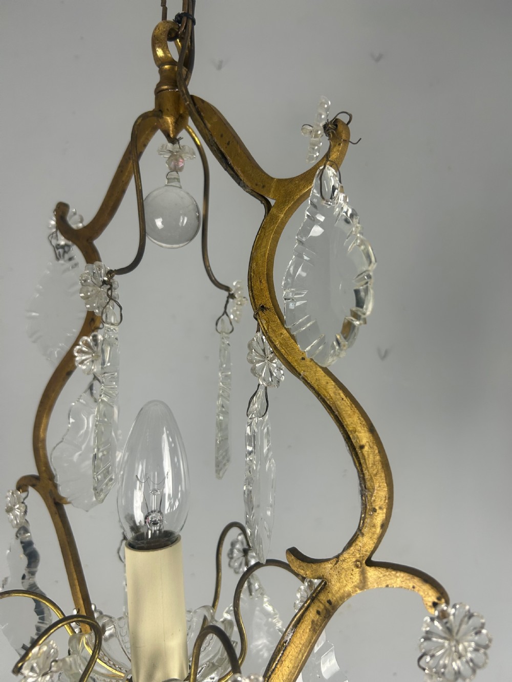 French Single Light Gilt Brass Crystal Antique Chandelier, Ceiling Light View IX