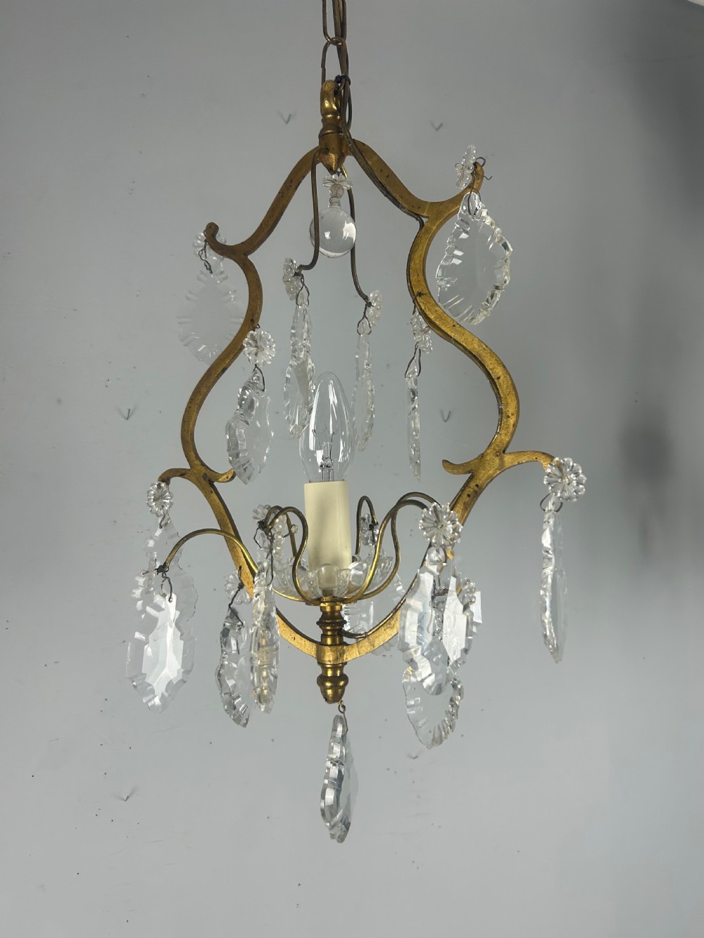 French Single Light Gilt Brass Crystal Antique Chandelier, Ceiling Light View X