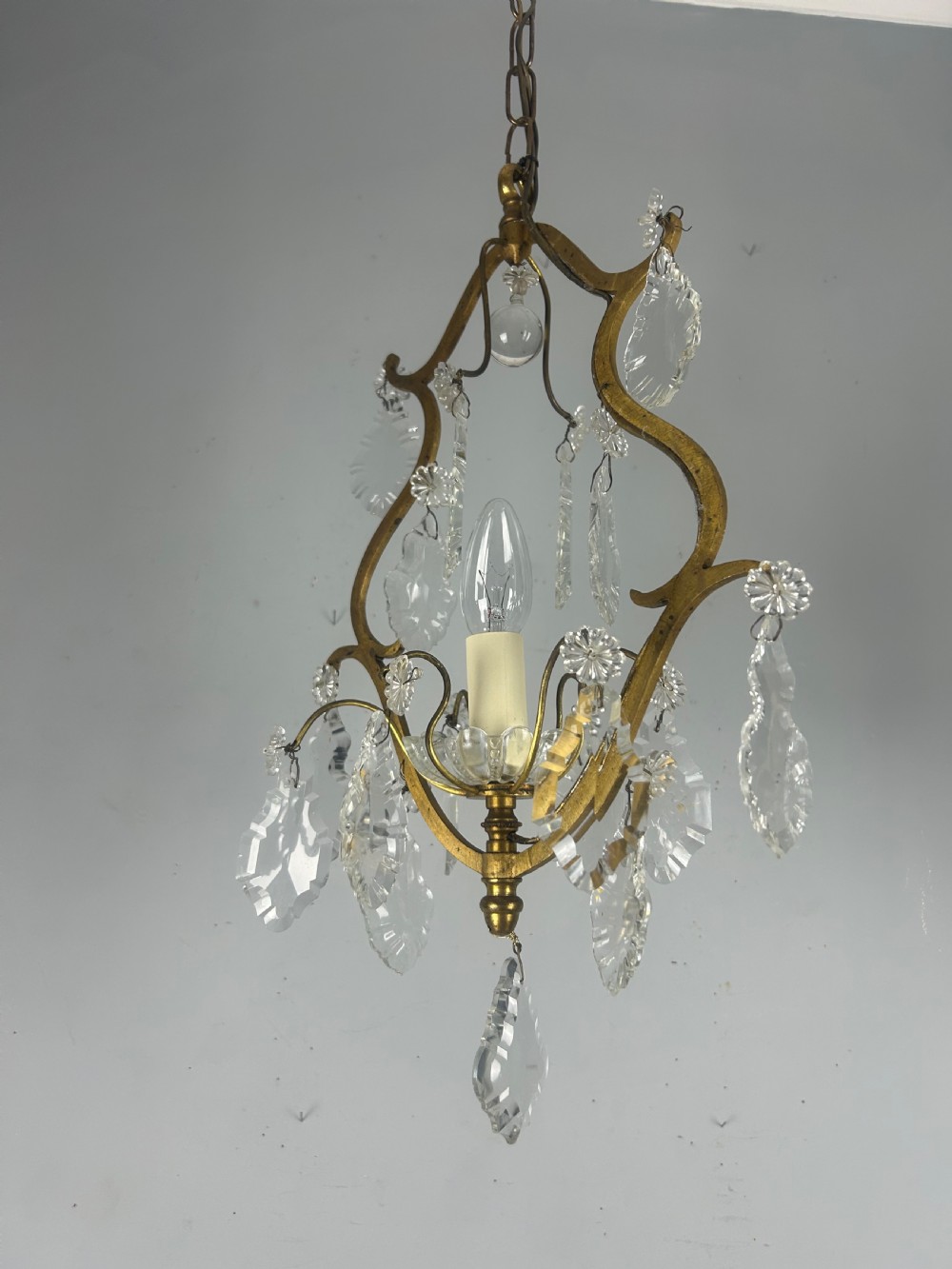 French Single Light Gilt Brass Crystal Antique Chandelier, Ceiling Light View XI