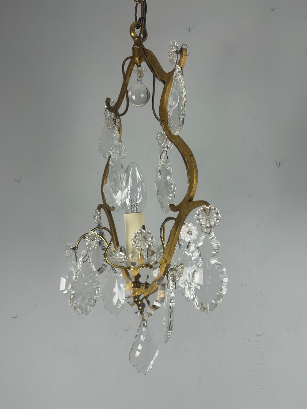 French Single Light Gilt Brass Crystal Antique Chandelier, Ceiling Light View XII