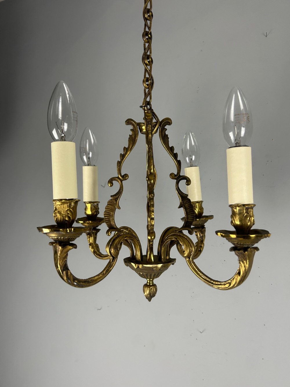 Small French Gilt Brass 4 Light Chandelier, Ceiling Light 