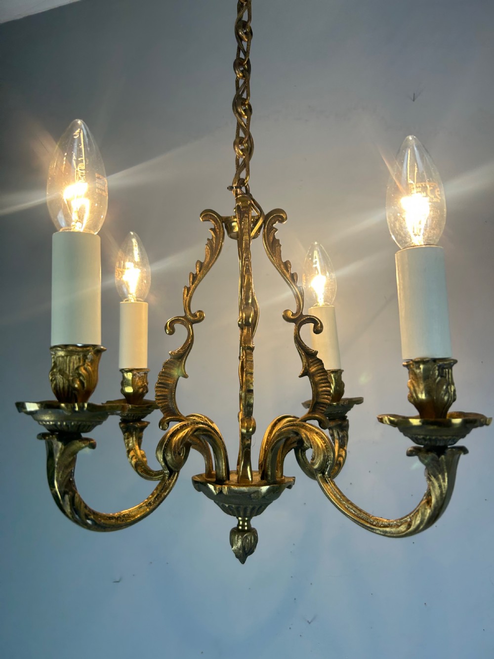 Small French Gilt Brass 4 Light Chandelier, Ceiling Light  View II