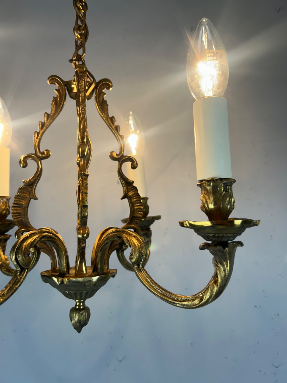 Small French Gilt Brass 4 Light Chandelier, Ceiling Light  View III