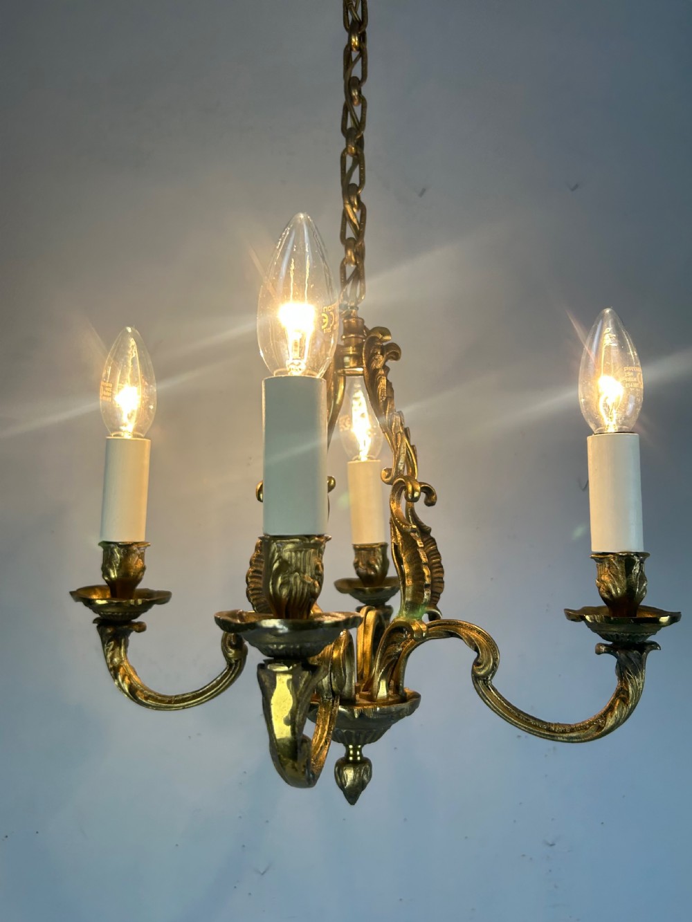 Small French Gilt Brass 4 Light Chandelier, Ceiling Light  View IV
