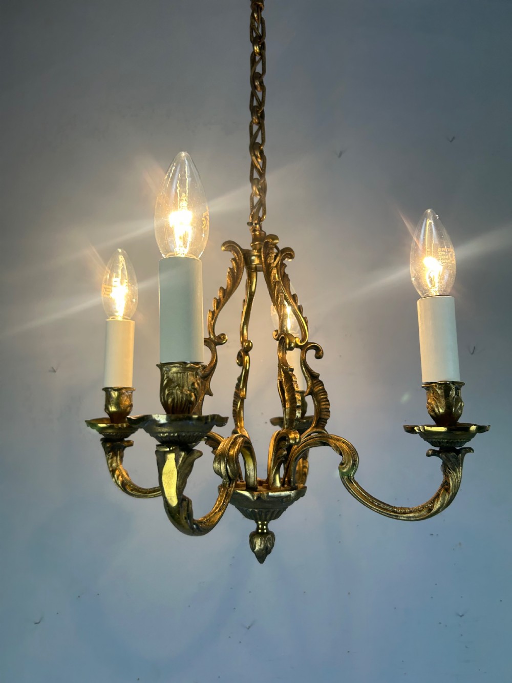 Small French Gilt Brass 4 Light Chandelier, Ceiling Light  View V