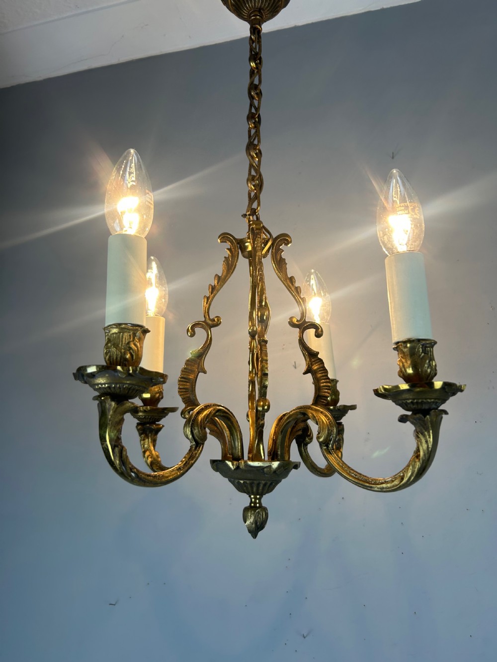 Small French Gilt Brass 4 Light Chandelier, Ceiling Light  View VI