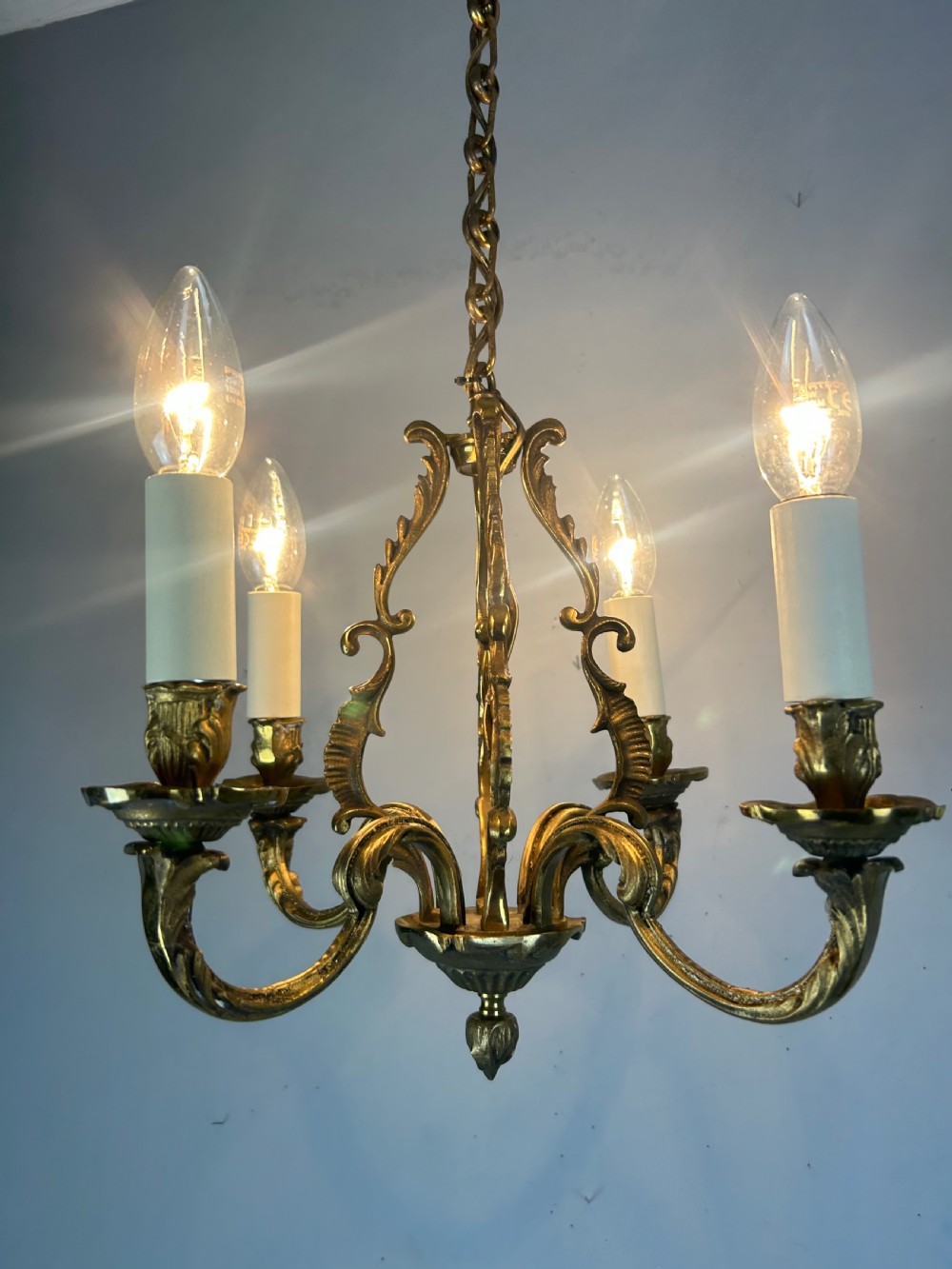 Small French Gilt Brass 4 Light Chandelier, Ceiling Light  View VII