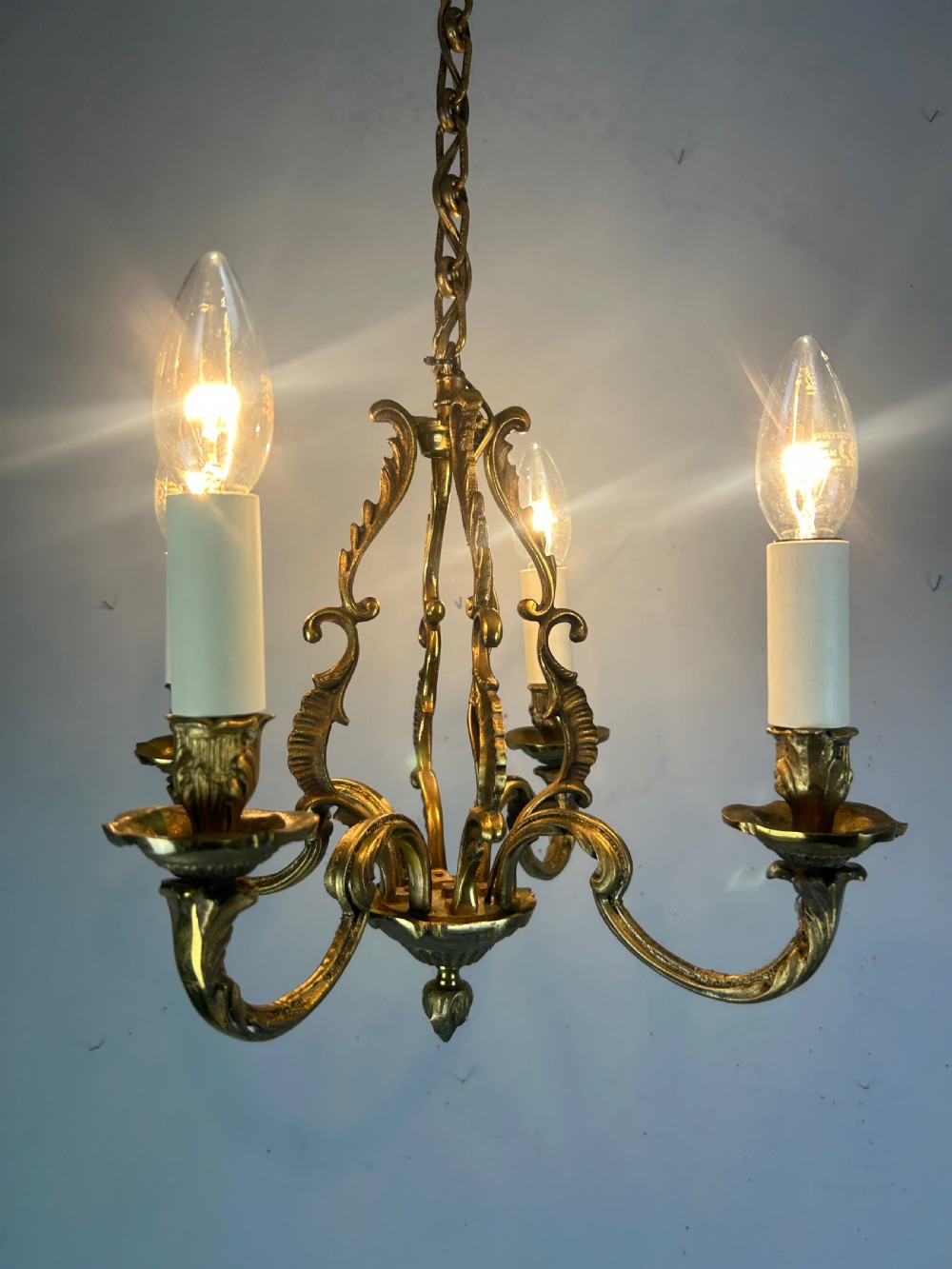 Small French Gilt Brass 4 Light Chandelier, Ceiling Light  View VIII