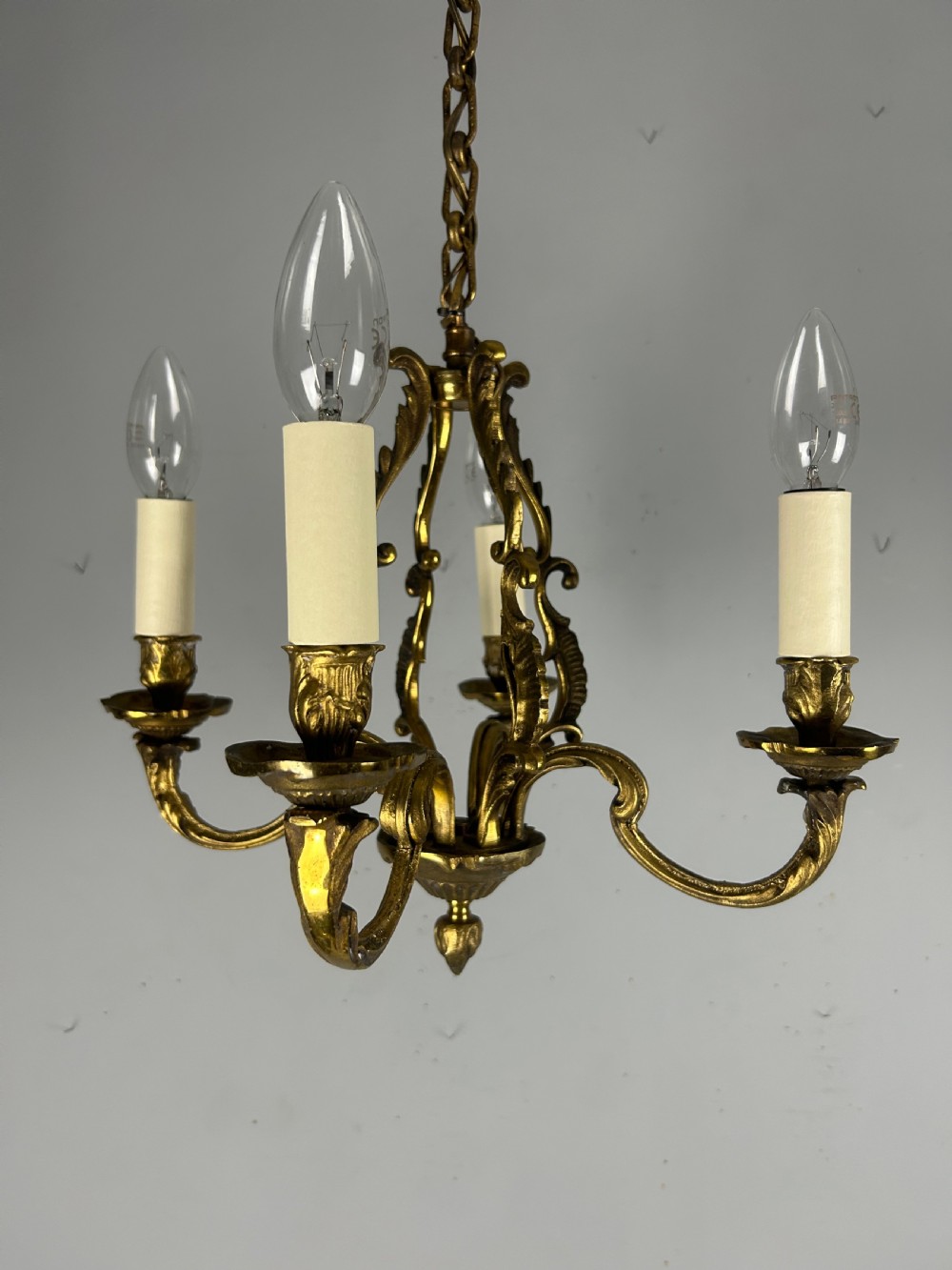 Small French Gilt Brass 4 Light Chandelier, Ceiling Light  View IX