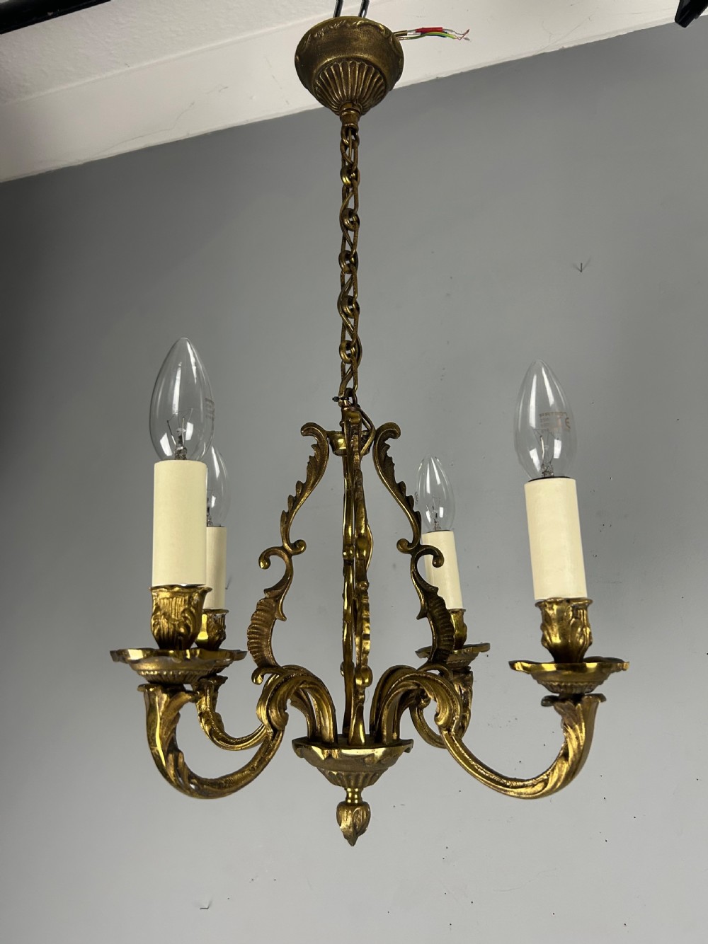 Small French Gilt Brass 4 Light Chandelier, Ceiling Light  View XI