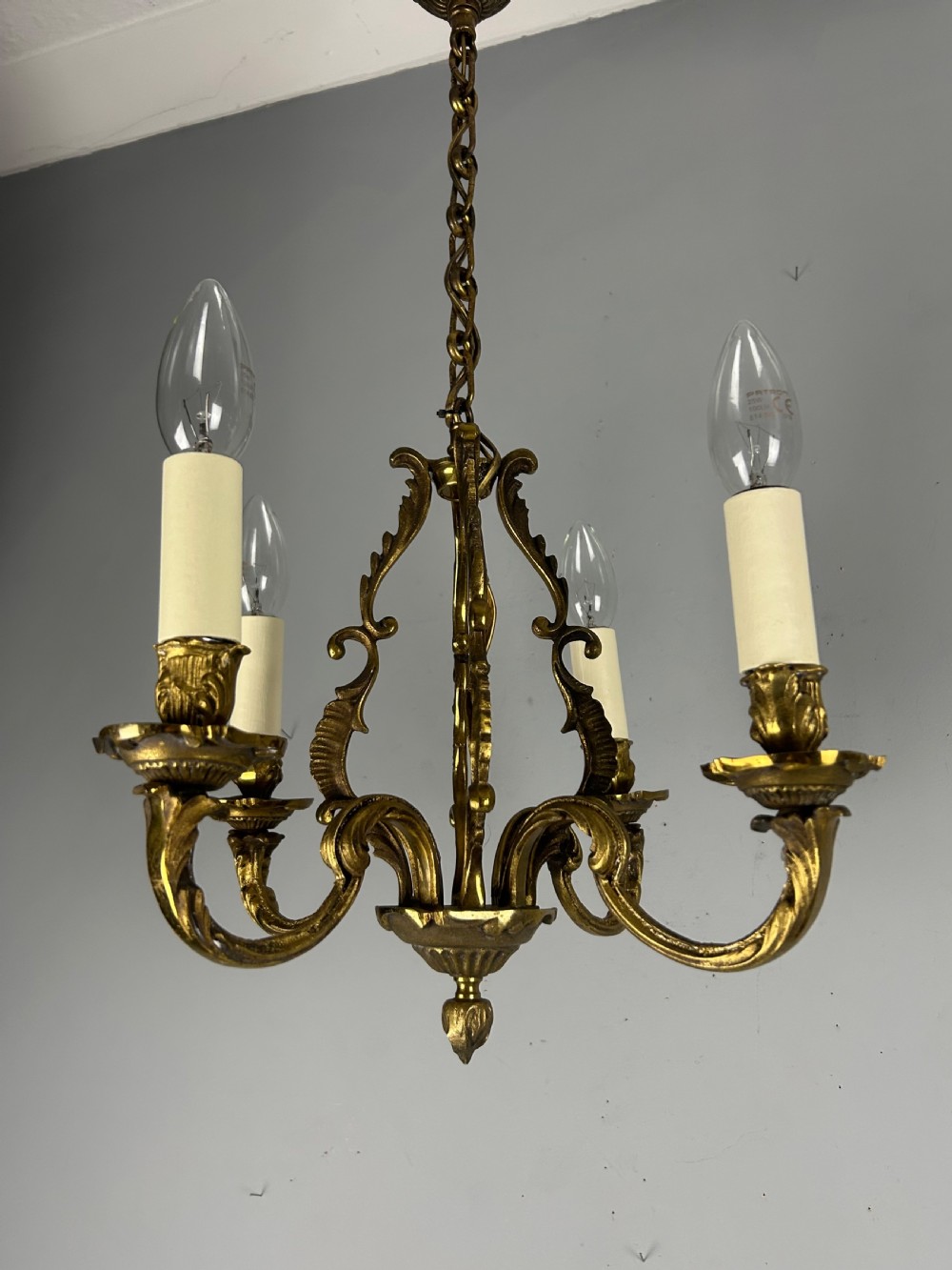 Small French Gilt Brass 4 Light Chandelier, Ceiling Light  View XIII