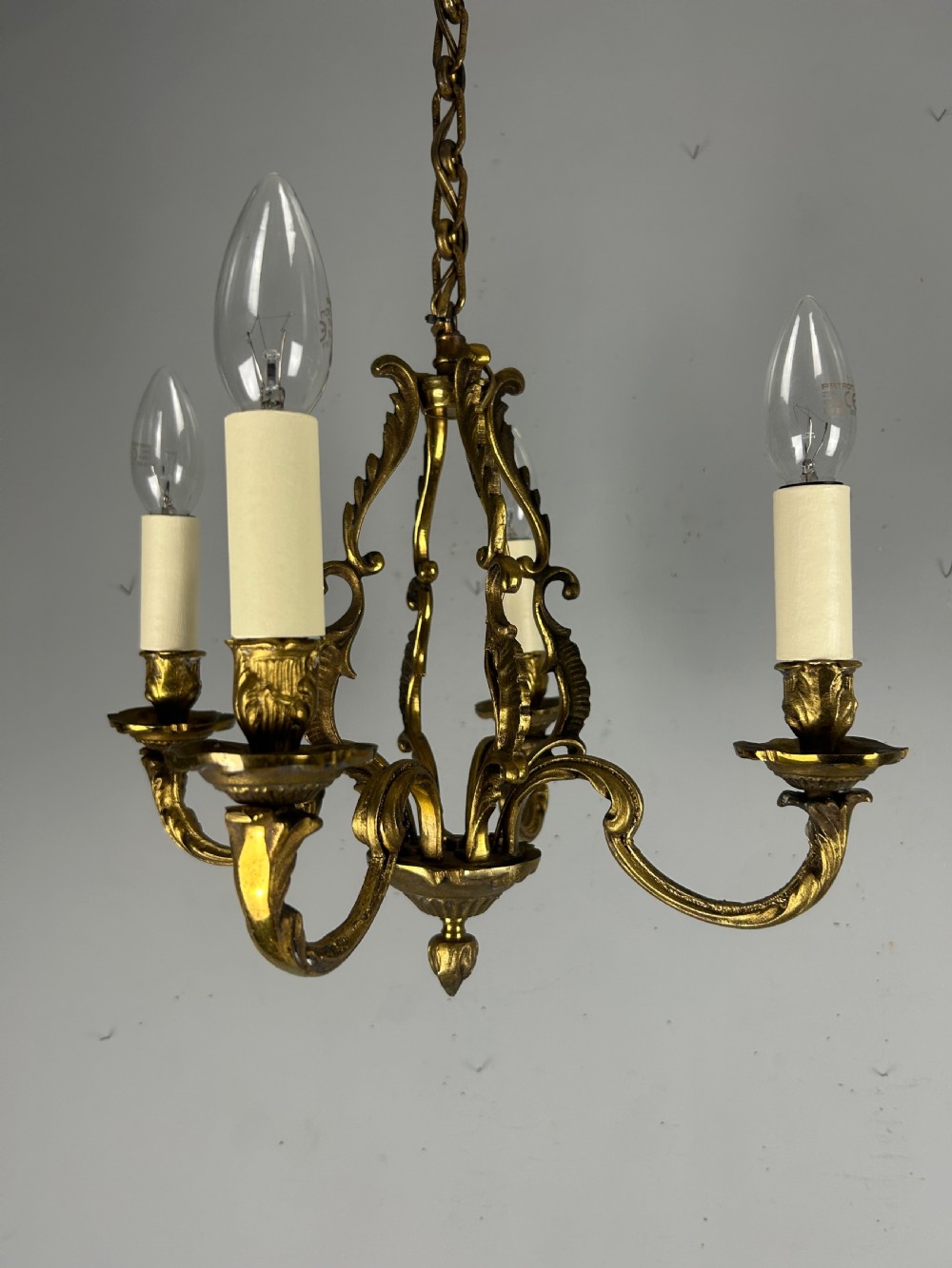 Small French Gilt Brass 4 Light Chandelier, Ceiling Light  View XIV
