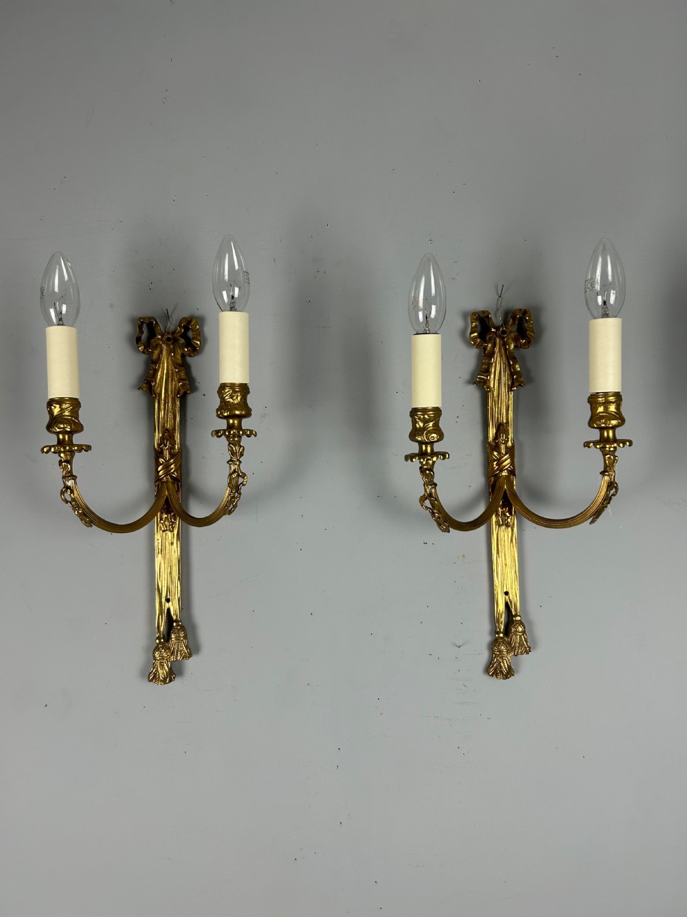 Pair Of French Ribbon Brass Wall Lights, Rewired
