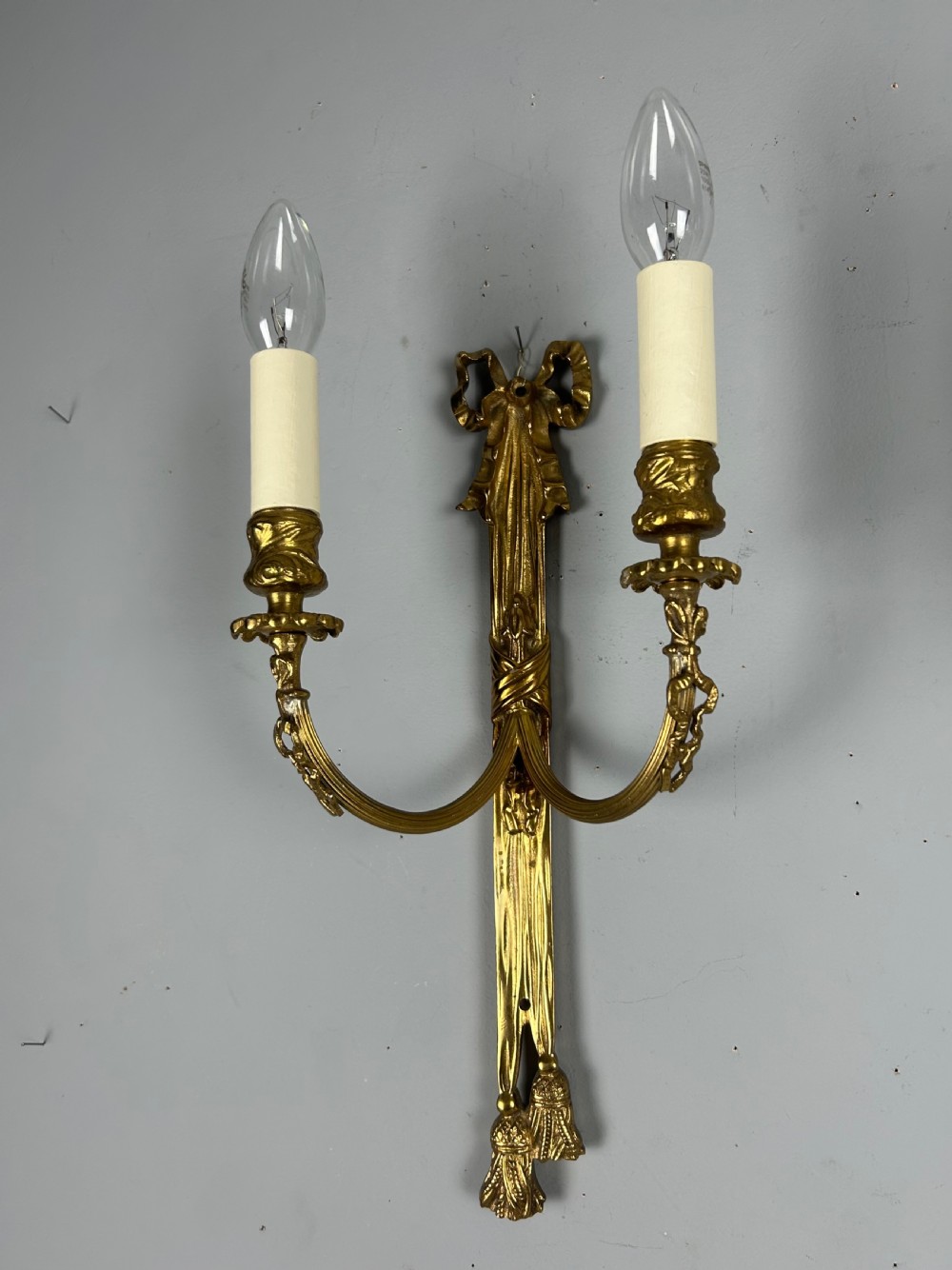 Pair Of French Ribbon Brass Wall Lights, Rewired View II
