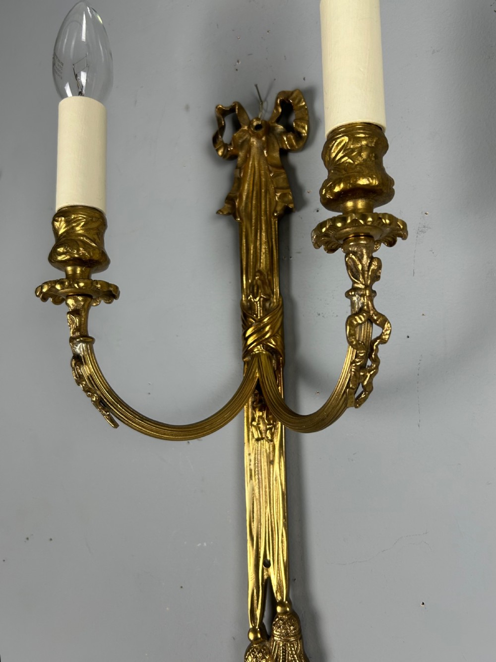 Pair Of French Ribbon Brass Wall Lights, Rewired View III