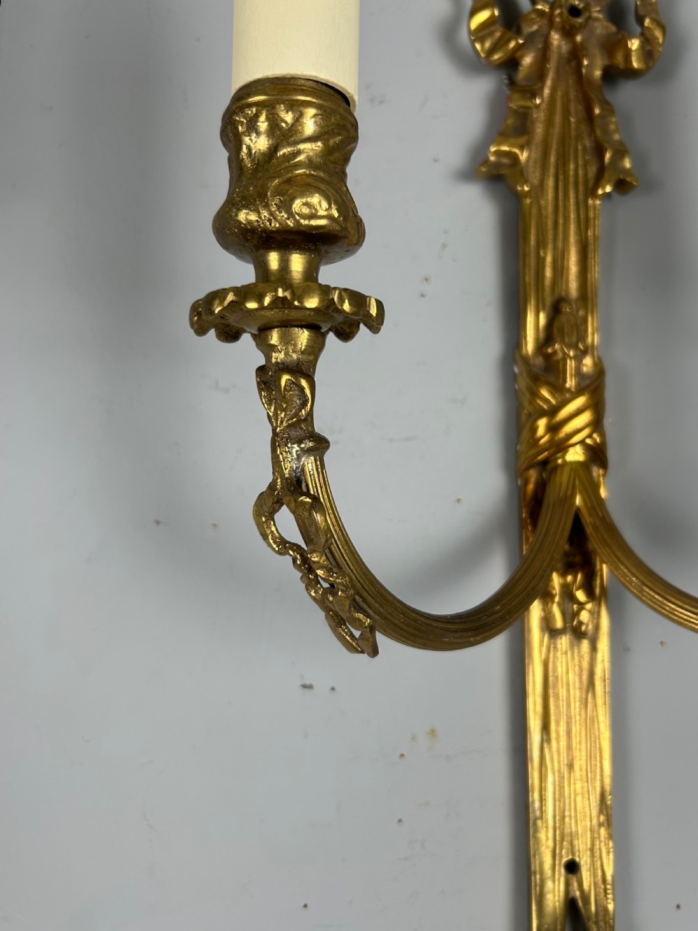 Pair Of French Ribbon Brass Wall Lights, Rewired View IV