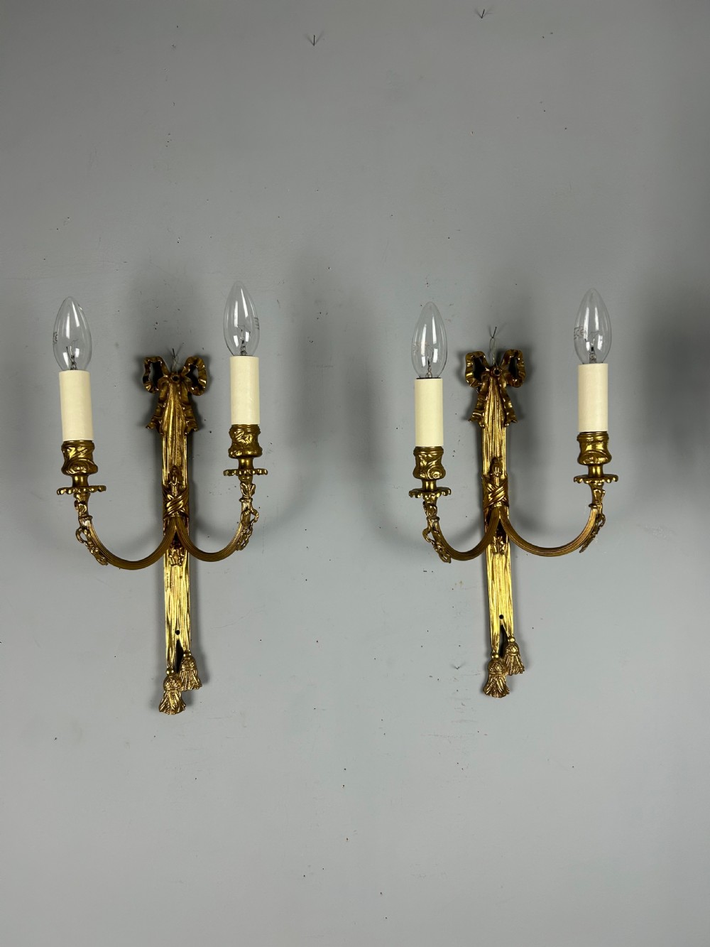 Pair Of French Ribbon Brass Wall Lights, Rewired View V