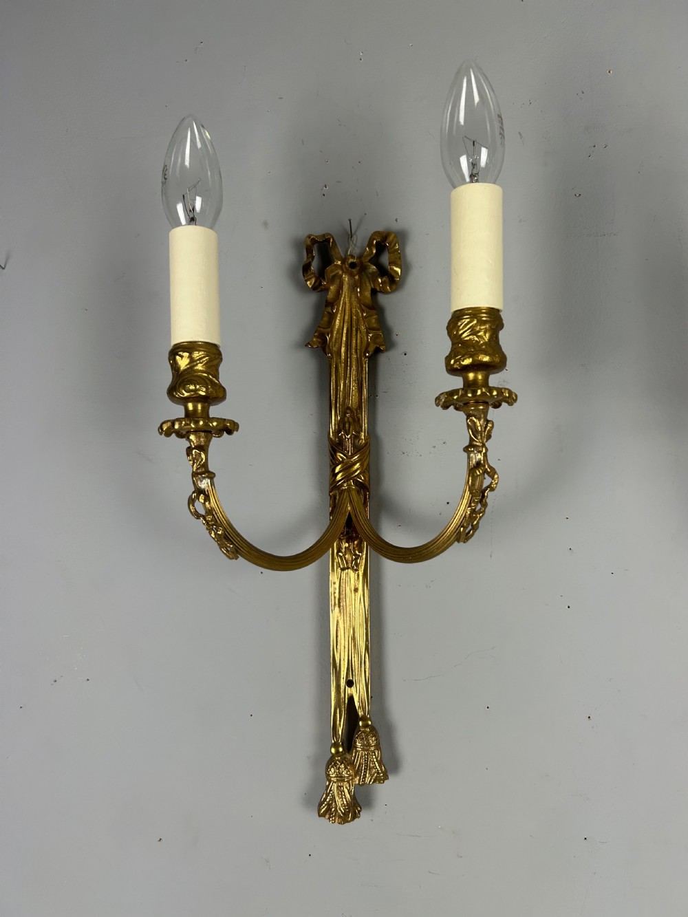 Pair Of French Ribbon Brass Wall Lights, Rewired View VI