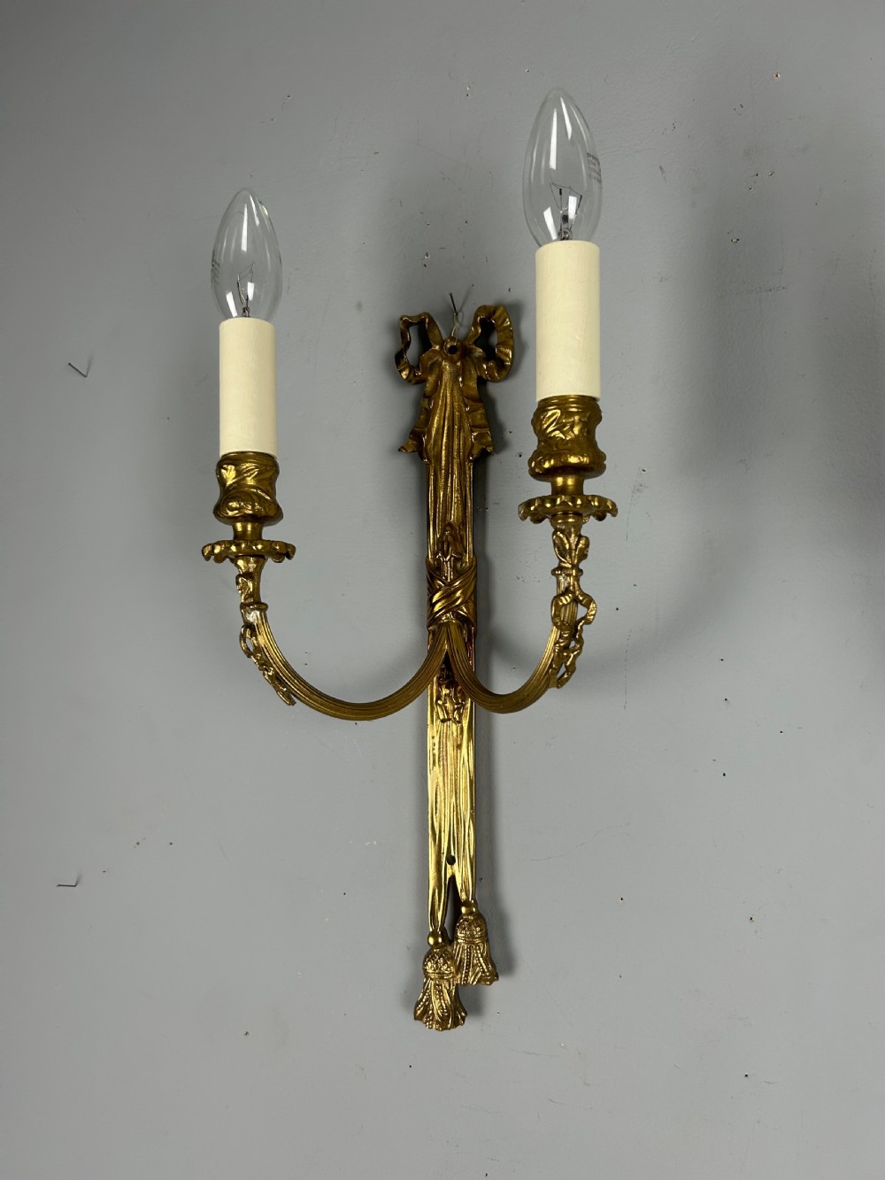 Pair Of French Ribbon Brass Wall Lights, Rewired View VII