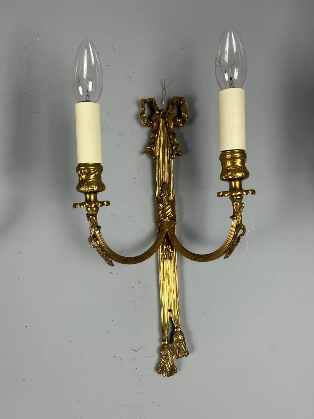 Pair Of French Ribbon Brass Wall Lights, Rewired View VIII