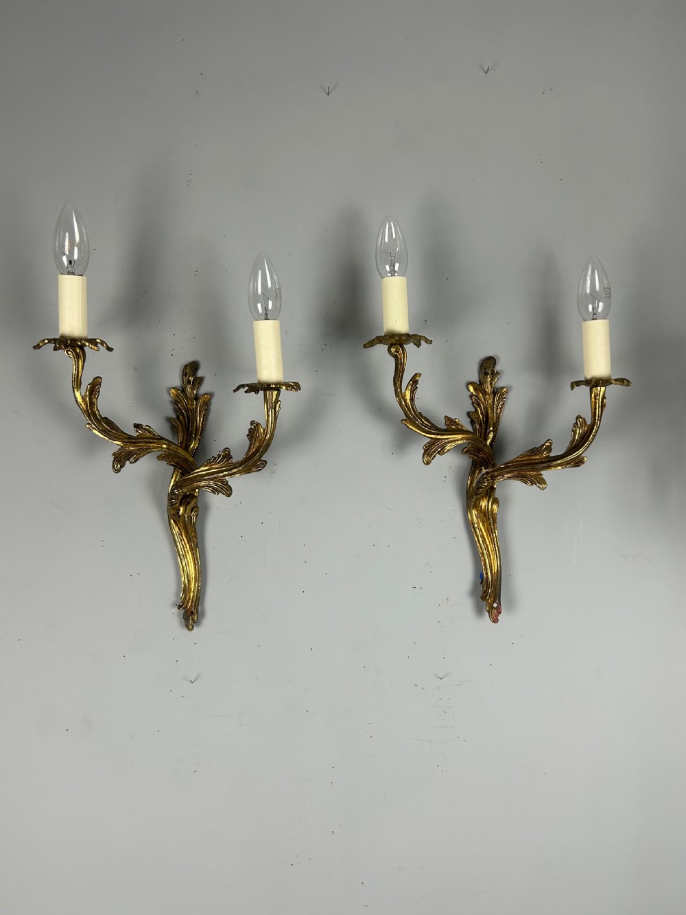 French Pair Of Gilt Brass Antique Wall Lights, Rewired