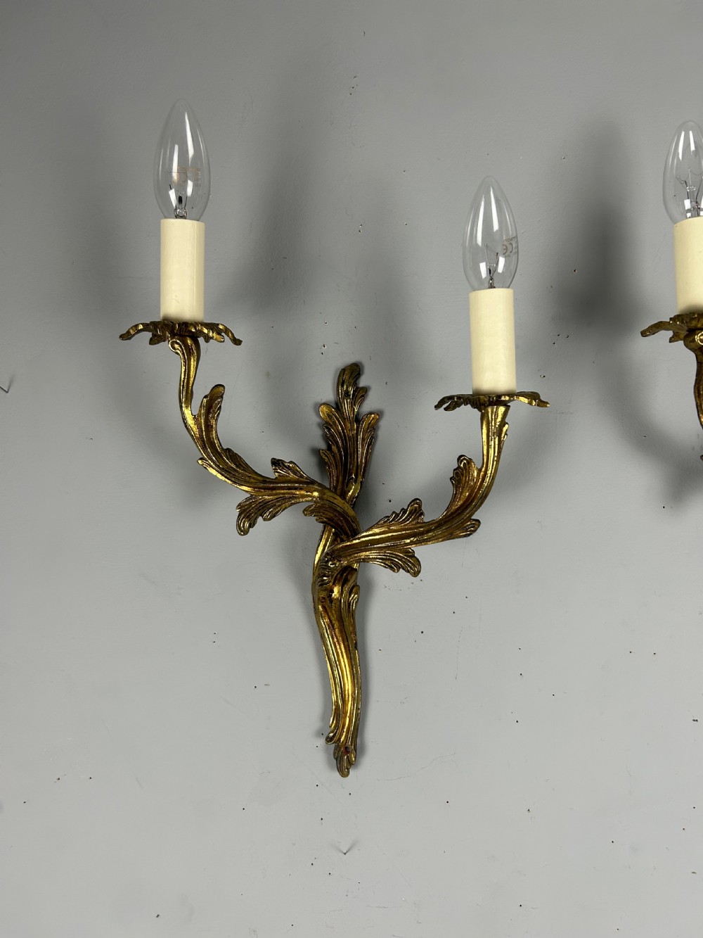 French Pair Of Gilt Brass Antique Wall Lights, Rewired View II