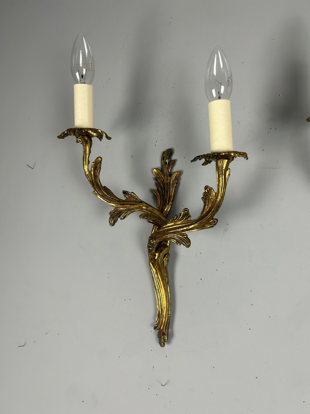 French Pair Of Gilt Brass Antique Wall Lights, Rewired View V