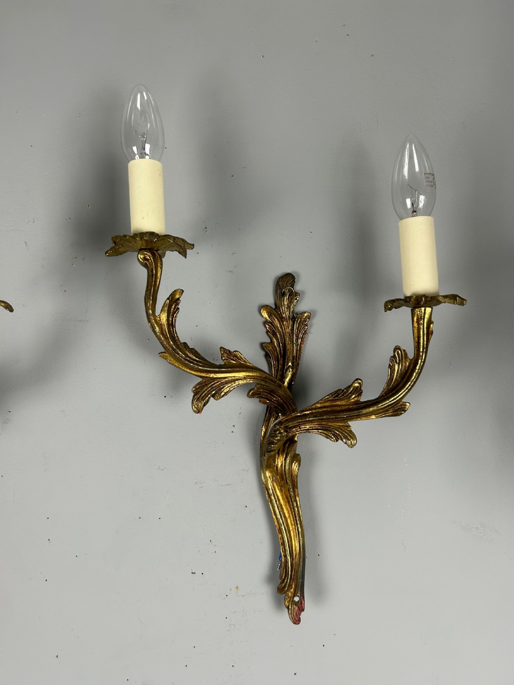 French Pair Of Gilt Brass Antique Wall Lights, Rewired View VI