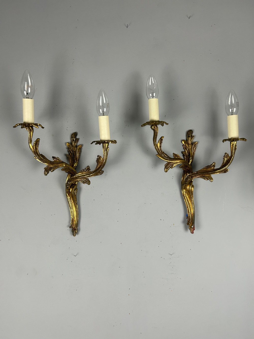 French Pair Of Gilt Brass Antique Wall Lights, Rewired View VII
