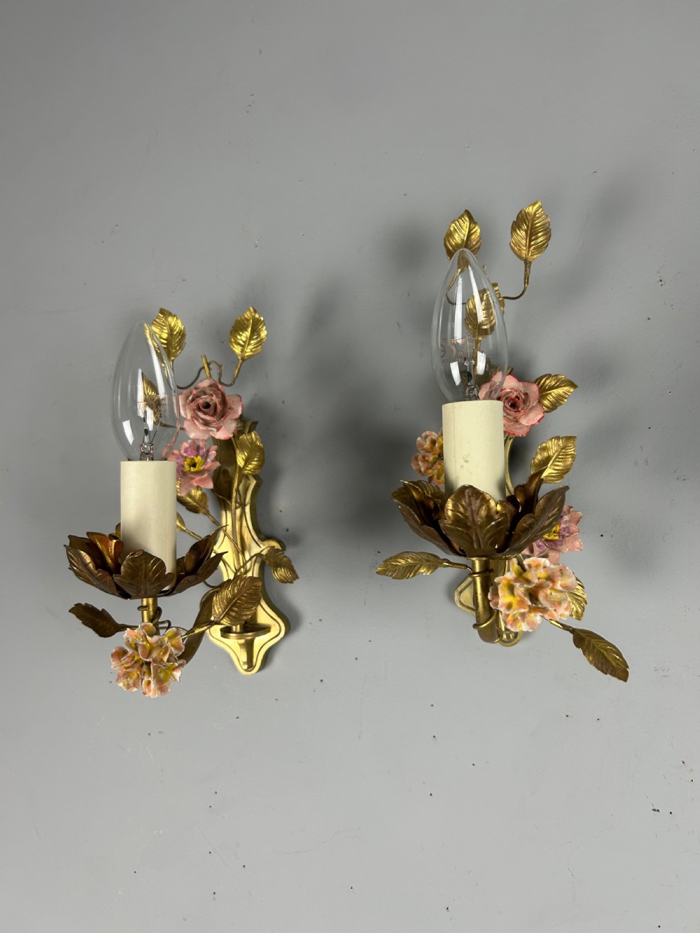 Pair of French Single Light Brass Wall Lights with Porcelain Flowers, Rewired View II
