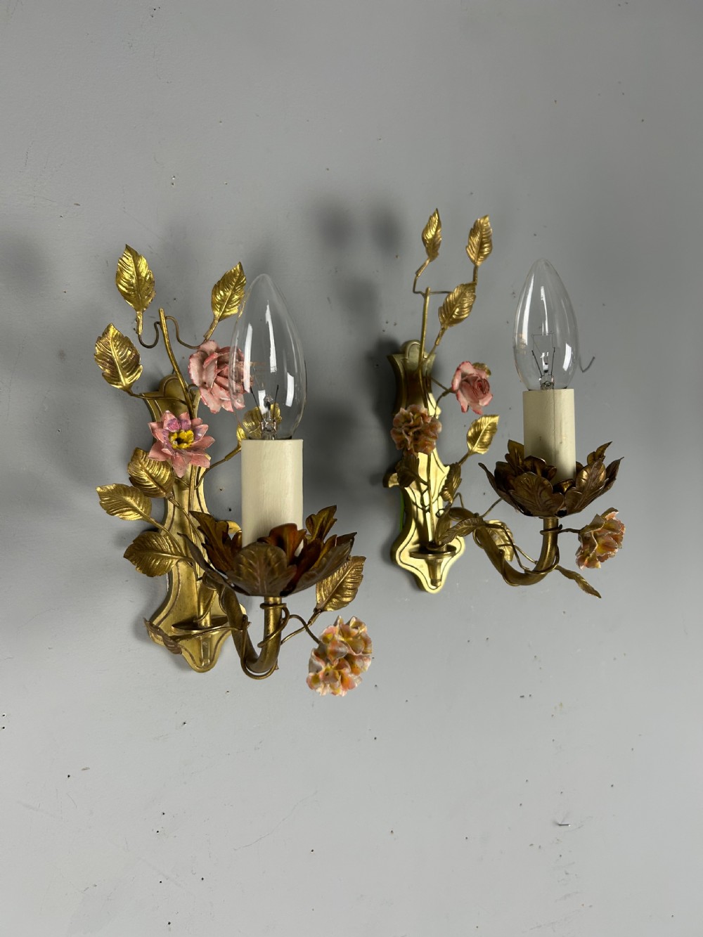 Pair of French Single Light Brass Wall Lights with Porcelain Flowers, Rewired View III