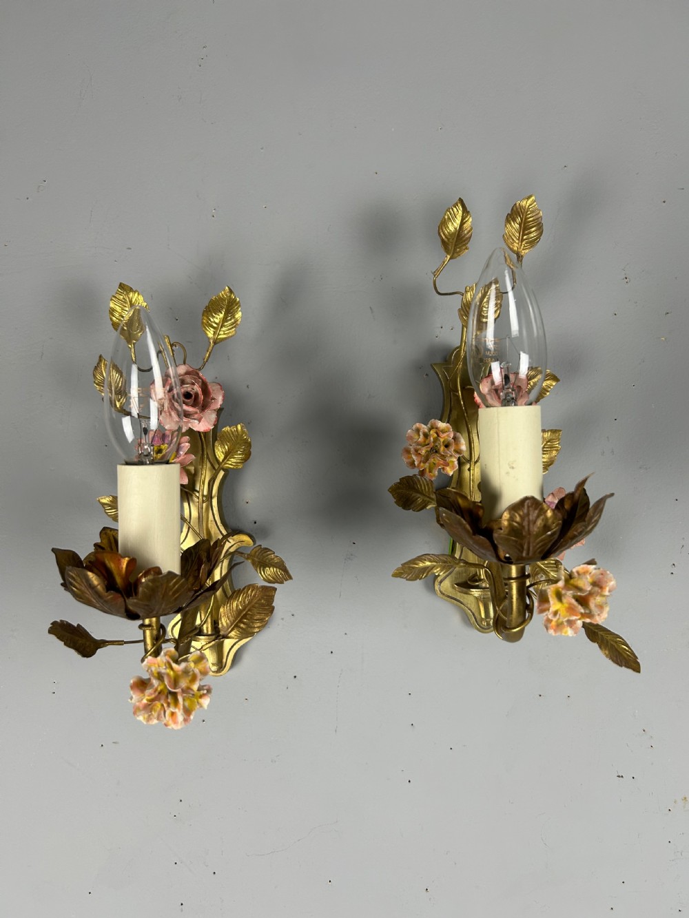 Pair of French Single Light Brass Wall Lights with Porcelain Flowers, Rewired View IV