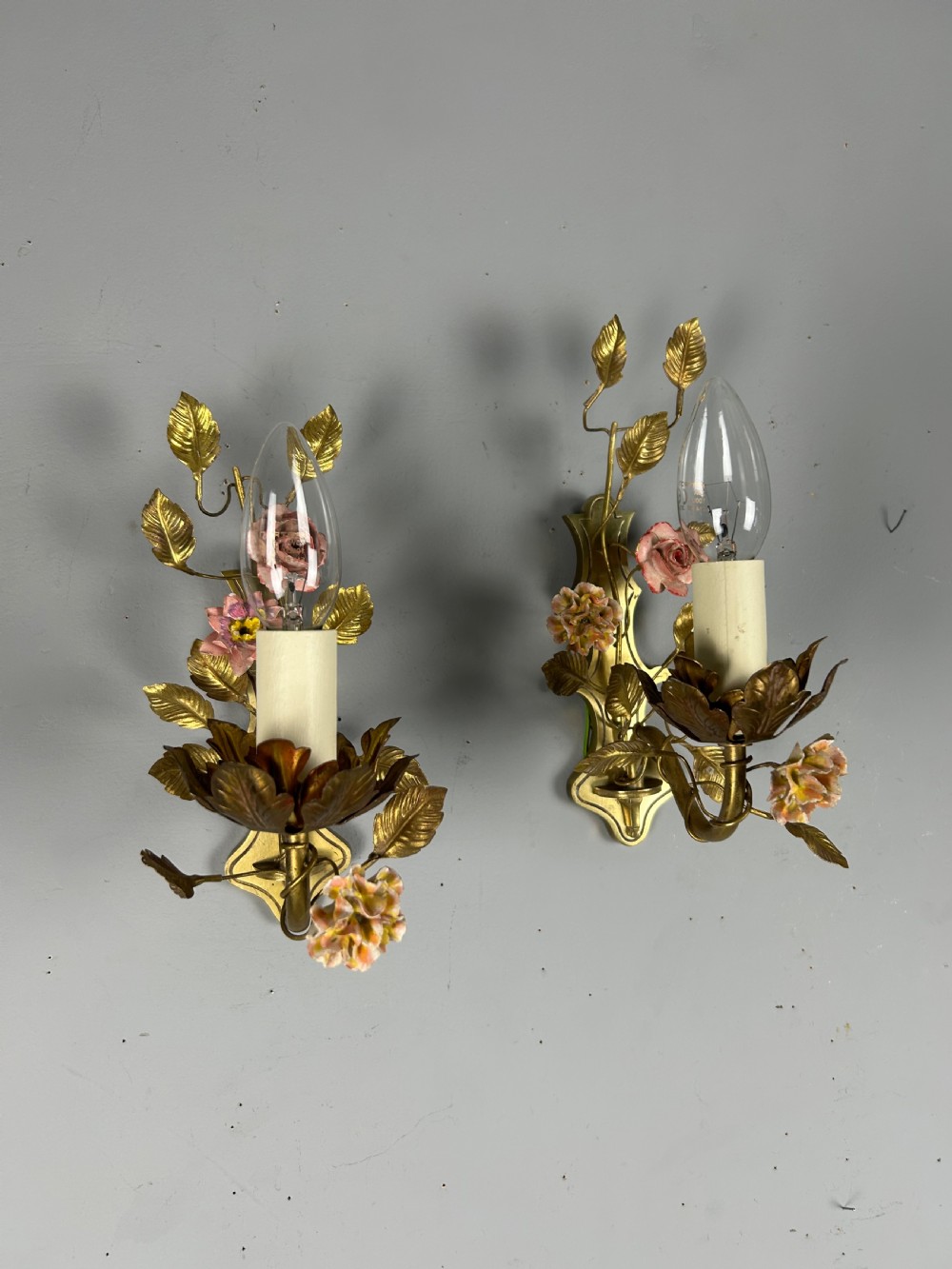 Pair of French Single Light Brass Wall Lights with Porcelain Flowers, Rewired View V